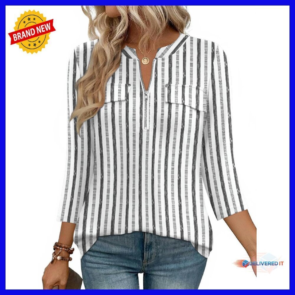 3/4 Sleeve Zip Front V Neck Tunic Blouse Loose Fit Business Casual